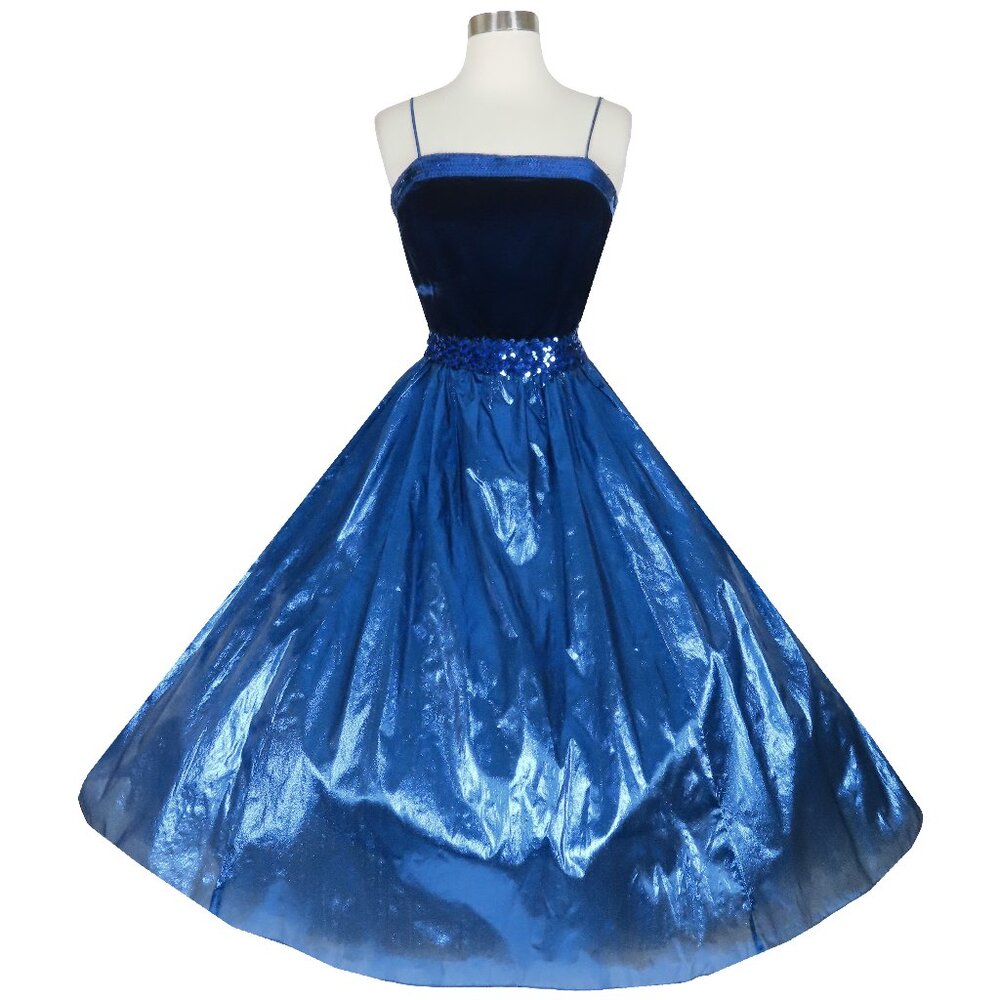 Vintage 80s 50s Blue Velvet Sequin Metallic Prom Party Dress M Medium Lamé Foil